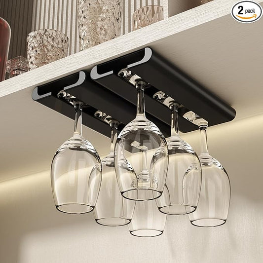Wine Glass Holder, 2-Pack Under Cabinet Rack, Punch-Free Stemware Rack for Kitchen and Bar (Black)