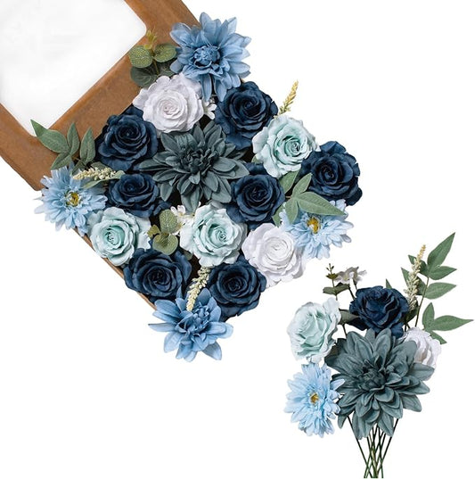 FANKO Artificial Flowers for DIY, Blue White Faux Flowers Bouquet, Fake Flowers with Roses Dahlia Daisy Silk Flowers for Vase, Home Decor, Wedding Centerpiece, Floral Arrangement Décor