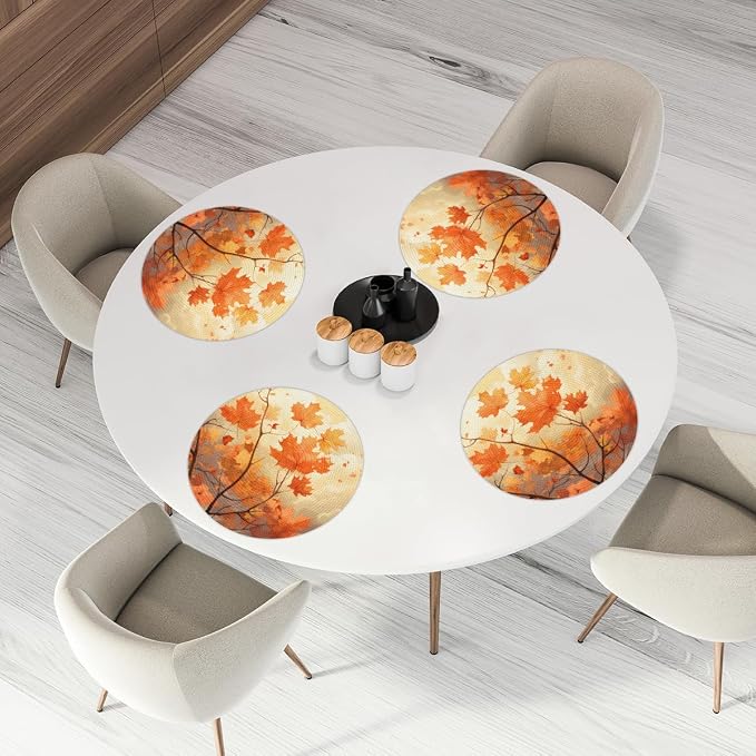 Round Placemats Set of 4, Fall Maple Leaves Branches Woven Placemats Mats Non-Slip Heat Resistant Washable Table Mats Round Braided Place for Farmhouse Kitchen Dining Party Decor 15in