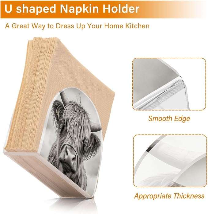 Fustylead Highland Cow Napkin Holder for Table Acrylic Vertical Napkin Holders for Paper Napkins Decor Napkin Dispenser for Home Party Dining Cocktail Kitchen Accessories