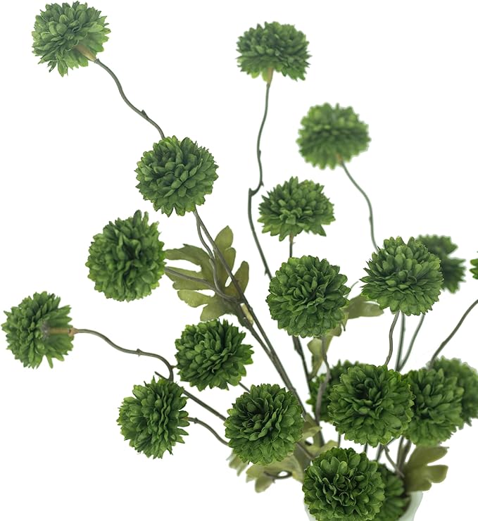 DuHouse 9pcs Artificial Flowers Faux Silk Pompon Mum,Silk Small Mini Chrysanthemum Ball with Stems for DIY Wedding Bouquets Centerpieces Vase Home Table Kitchen Decoration(Green)