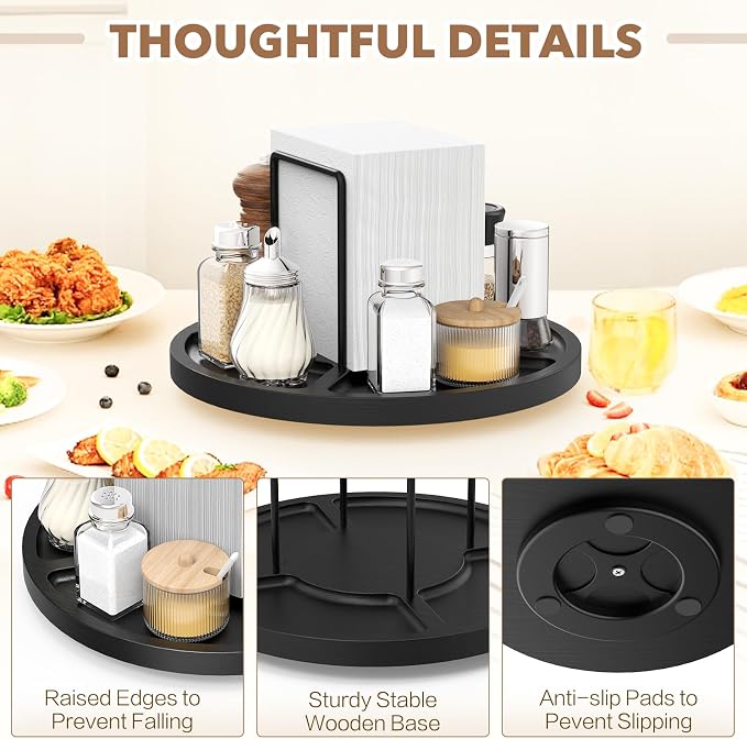 Napkin Holder for Table, Rotating Napkin Dispenser with Salt and Pepper Shakers Storage, Standing Paper Napkin Organizer for Kitchen Dining Table Decor (1, Black Round)