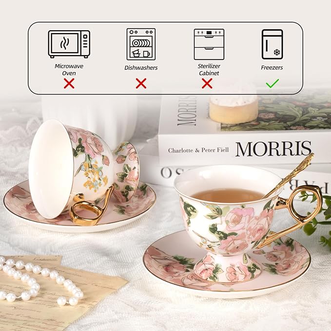 KAMMAK Tea Cups and Saucers Set of 2, Fine Bone China Coffee Cups, Stackable Espresso Mugs, Ceramic Demitasse for Coffee, Cappuccino, Latte, Americano, Tea, Wild Rose