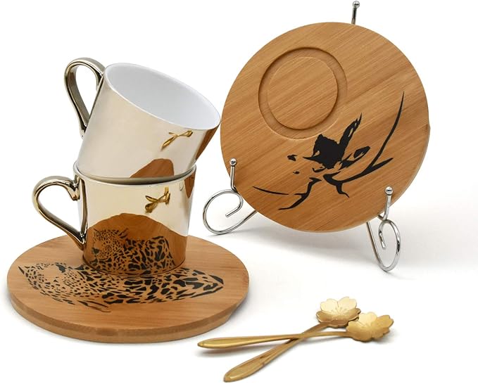Mirror Cup and Saucer Set Cappuccino Cups Set of 2 Ceramic Gold Animal Espresso Cups with Saucers and Spoons 8 Ounce Tea Coffee Cup with Wood Saucer, Set of 2, Golden Best Gift