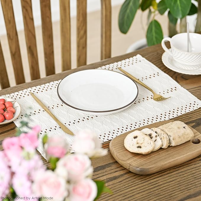 Artoid Mode Beige Farmhouse Woven Rustic Hollow Placemats Set of 4,12x18 Inch Seasonal Holiday Table Mats Party Kitchen Dining Decoration