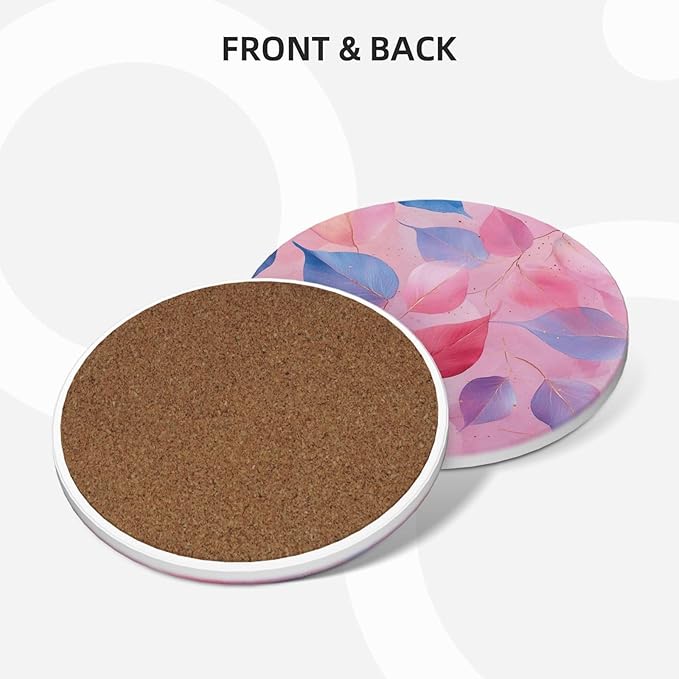 Pink Blue Leaves Coasters Set of 4 Absorbent Ceramic Coasters for Drinks Modern Cup Coaster with Cork Backing Cute Stone Coaster Housewarming Gifts 4.1 Inches
