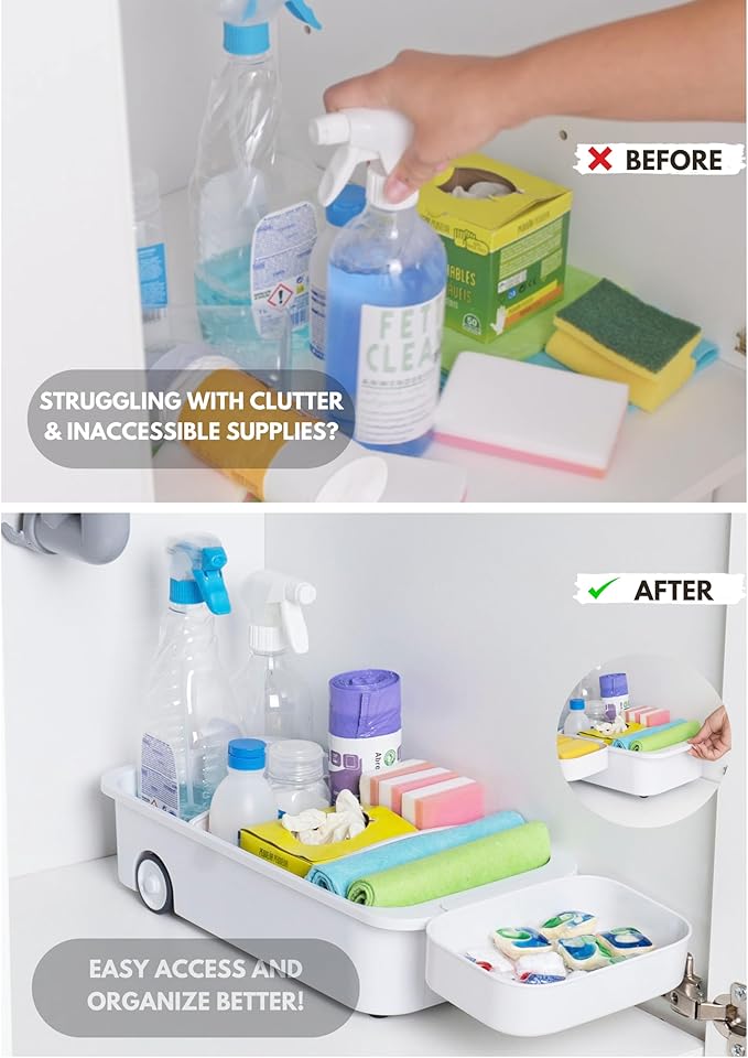 GAROOD Kitchen Under Sink Organizer Cleaning Supply Caddy Storage Bin Under Sink Caddy Rolling Cleaning Organizer with wheels Pull out tray Bathroom Organizers Storage 16.5*8*3.75 in - White 2 pack
