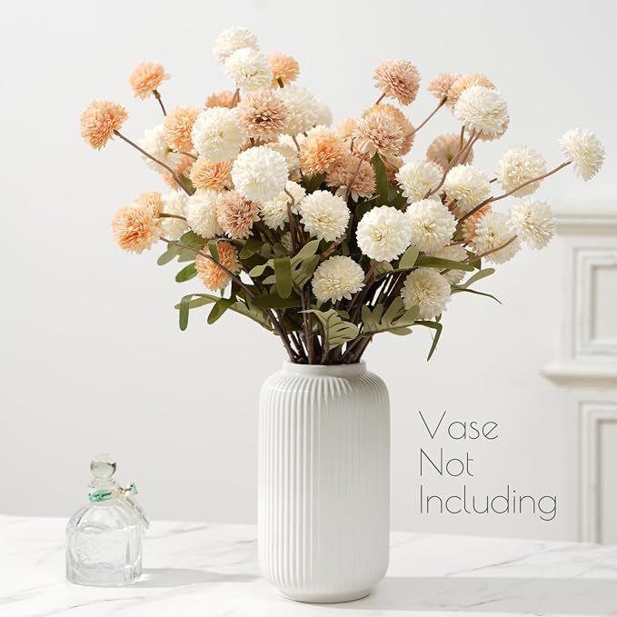 trytuny Fake Fall Flowers for Vase, Faux Silk Kiku Mums, Artificial Pom pom Floral Bouquets Indoor Centerpiece Office Coffee Table Boho Home Decorations (9, Mixed Cream)