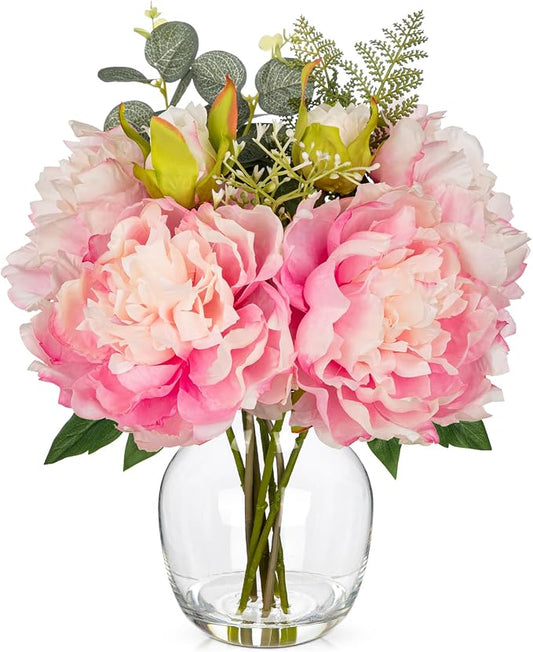 Hollyone Fake Flowers in Vase Pink Peonies Artificial Flowers Peony Bouquet Silk Flower Floral Arrangements with Glass Vase with Faux Water for Home Decor Bathroom Coffee Table Centerpiece Decorations