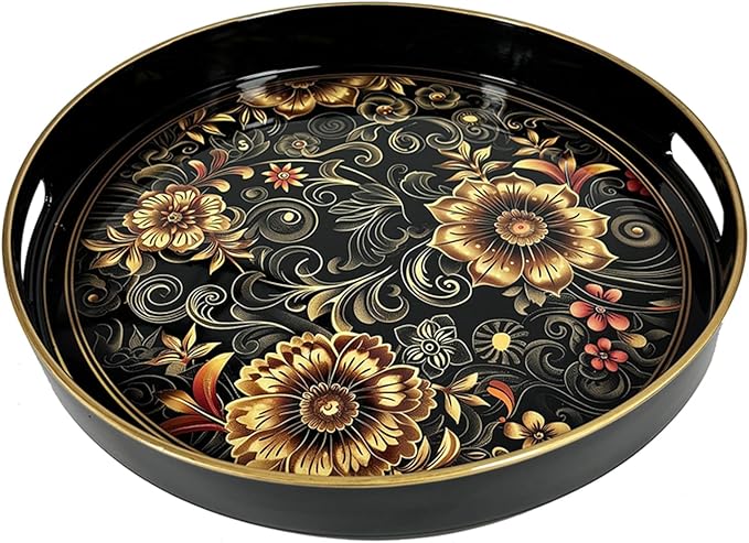 Plastic Coffee Trays,Serving Tray,Bohemian Round Tray,13" Dx 1.57" H,Lightweight and Non-Slip with Handles,Perfect for Restaurants,Cafés,and Home Use (Round)