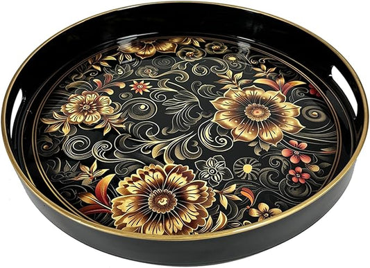 Plastic Coffee Trays,Serving Tray,Bohemian Round Tray,13" Dx 1.57" H,Lightweight and Non-Slip with Handles,Perfect for Restaurants,Cafés,and Home Use (Round)