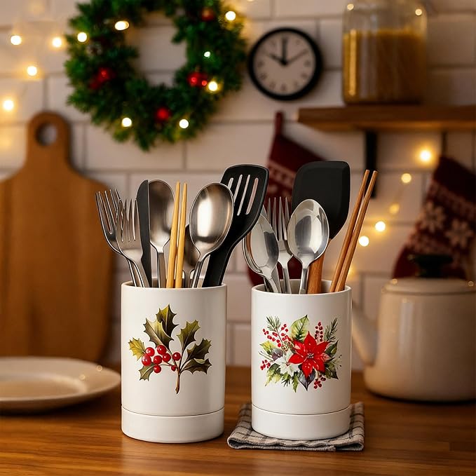 2 Pcs Ceramic Utensil Holders 5.7" Kitchen Decoration Utensil Holders Crock Organizer for Countertop with Removable Drip Tray for Counter Cooking Storage Home Kitchen