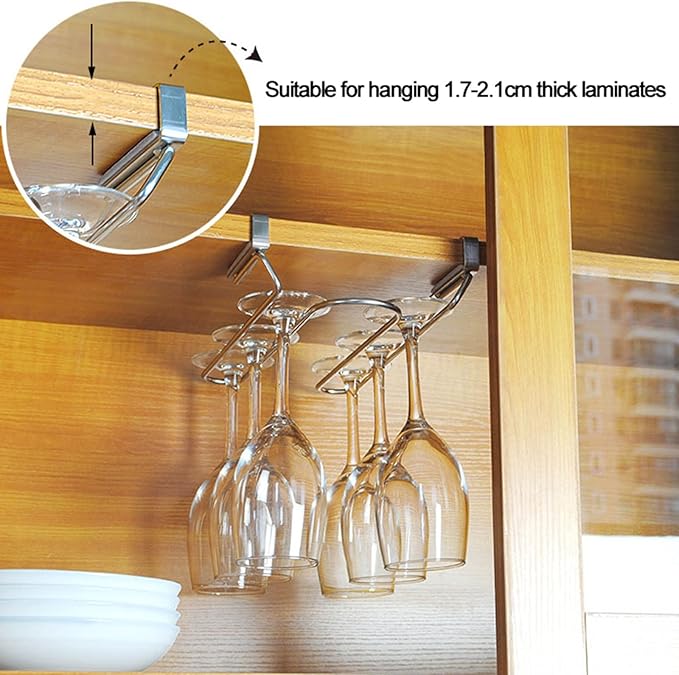 V3VOGUE Stainless Steel Under Shelf Wine Glass Holder, Under Cabinet Stemware Glasses Storage Hanger, Punch-Free Hanging Stemware Holder, Wire Hanging Rack (Single Row, Double Row)