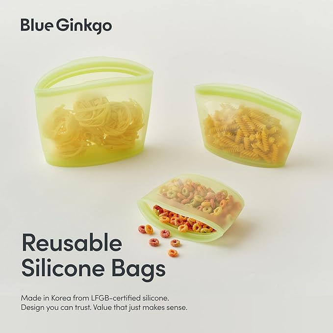 Blue Ginkgo Reusable Silicone Storage Bags – 3-Pack | Korean-Made Stand Up Food, Freezer Bags - Olive Green