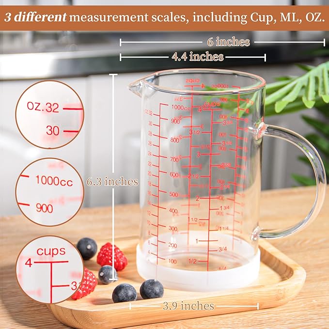 Newness Glass Measuring Cup with Handle, 1000 ML (1 Liter, 4 Cup) Double-Sided Scale Measuring Cup with Three Scales (OZ, Cup, ML/CC) and V-Shaped Spout, Measuring Beaker for Kitchen or Restaurant