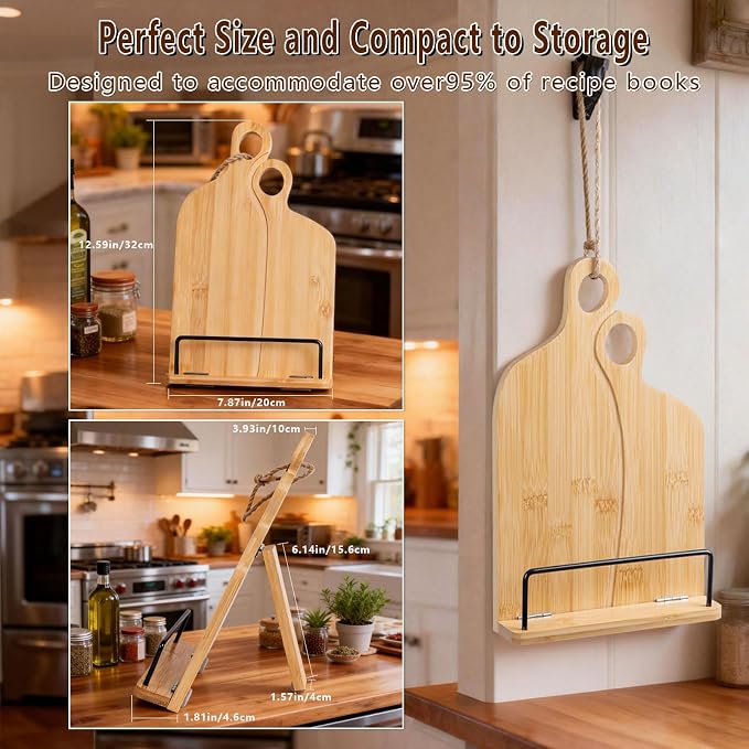 Adjustable Wooden Cookbook Stand for Kitchen Counter - Foldable & Space Saving Recipe Book Holder, Multi-Angle Reading Rack for Cookbooks, Phones, Tablets