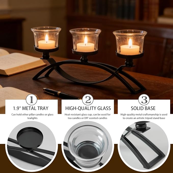 3-Arm Metal Tea Light Candle Holder Set with 5 Glass Cups, Votive Candle Holders Centerpiece Candelabra for Wedding Table Decor, Home Gatherings and Holidays (Black, 3 Cups-2 Pcs)