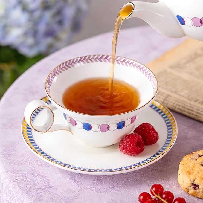 KAMMAK Ceramic Coffee Cups Saucers Set of 2, Porcelain Espresso Cups with Saucers, 5.92 oz Handmade Elegant Bone China Tea Cup, Ceramic Floral Pattern Demitasse for Latte, Americano, Cappuccino