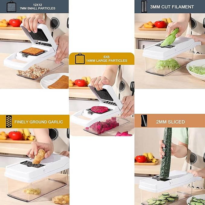 Vegetable Chopper: 10 in 1 Food Chopper - Onion Vegetable Slicer Cutter Dicer, Veggie Cutter with Container, 7 Blades, Kitchen Gadgets for Carrot Salad Garlic Potato Slicer (Black/White)