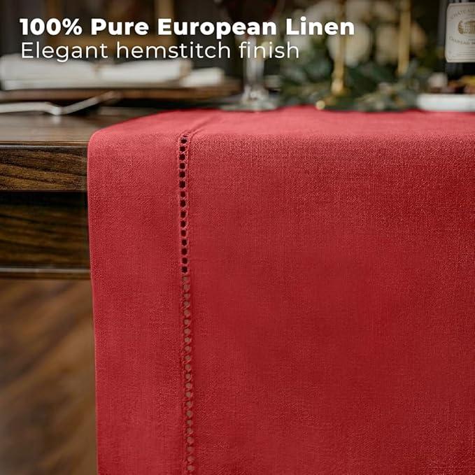 Signature Linen™ by D'Moksha Racing Red Table Runner 108 Inches Long, 100% Pure Linen, Hemstitch, 14 x 108 Inch Table Runner for Dresser, Dining- Summer, Father's Day