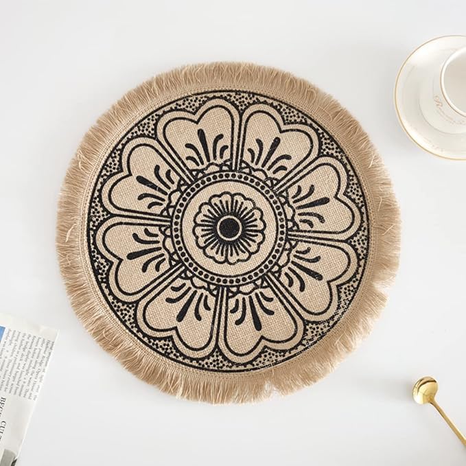 Kitchen Table Placemats Set of 6 with，Round HandmadeWoven Fringe Placemat，for Dining Room, Kitchen, Place Mats for Parties,Use-Size 13×13 Inches