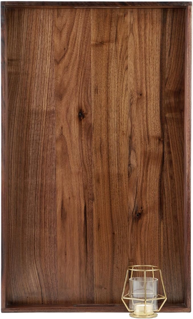 26 x 16 Inches Extra Large Rectangle Black Walnut Wood Ottoman Tray with Handles, Serve Tea, Coffee or Breakfast in Bed, Classic Wooden Decorative Serving Tray