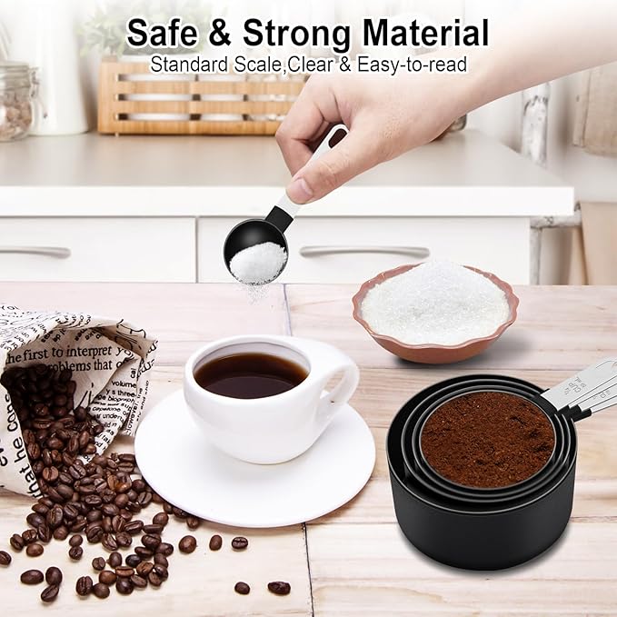Measuring Cups and Spoons Set, 10 Pieces Nesting Measure Tools, Kitchen Essentials Gadgets with Stainless Steel Handle for Dry & Liquid Ingredient, Black