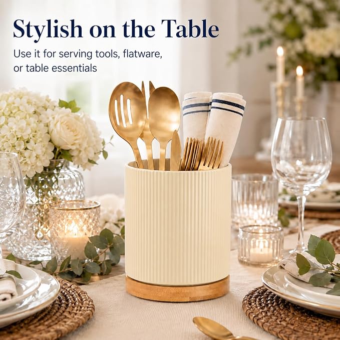 QUELIEN Utensil Holder, 360° Rotating Ceramic Kitchen Utensil Holder for Countertop, 7.7" Utensil Crock for Kitchen Counter with Rotatable Wooden Base,Ideal Housewarming Gift & Mothers Day Gift