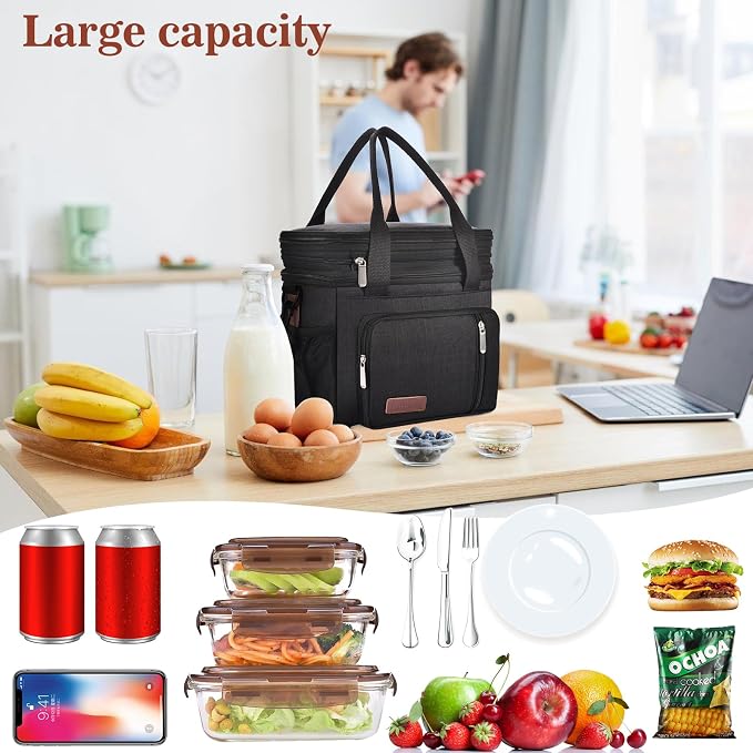 LOKASS Lunch Bag& Lunch Box for Men Women Double Deck,Large Insulated Adult Lunch Box Leakproof Lunchbox Cooler Bag for Work Picnic Beach, Black
