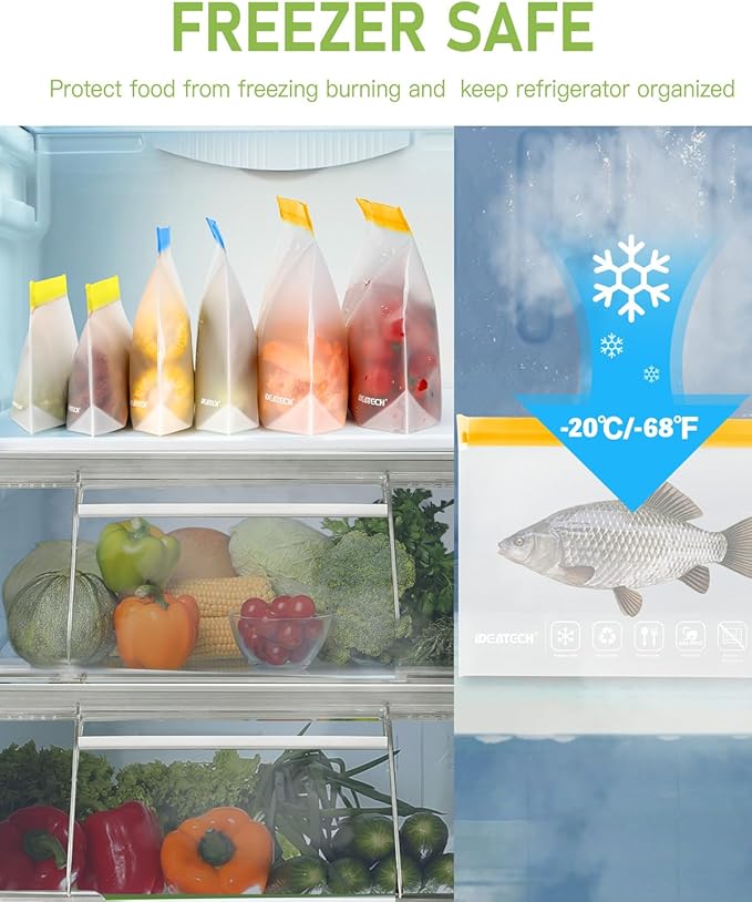 IDEATECH 10Pack Reusable Quart Freezer Bags, Food Storage Bags Stand Up | Dishwasher Safe, Leakproof, BPA-Free Food Grade, Freezer Safe, Quart Size for Meat, Marinades, Salads, Snacks, Lunch, Travel