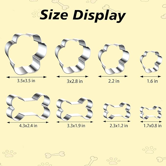 8PCS Dog Bone and Dog Paw Print Cookie Cutters Set, Stainless Steel Metal 4 Sizes Dogs Bone Paw Shape Cookie Cutter, Dogs Theme Party Cookie Cutter Molds for Homemade Treats Baking