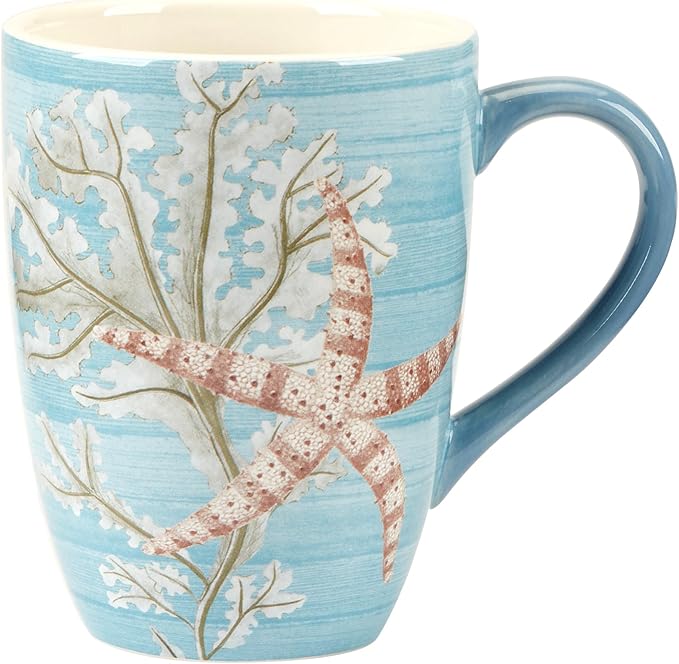 Beyond the Shore 20 oz Ceramic Mugs – Set of 4 with Coastal Shell and Starfish Artwork – Large Coffee or Tea Cups for Ocean Lovers – Dishwasher & Microwave Safe