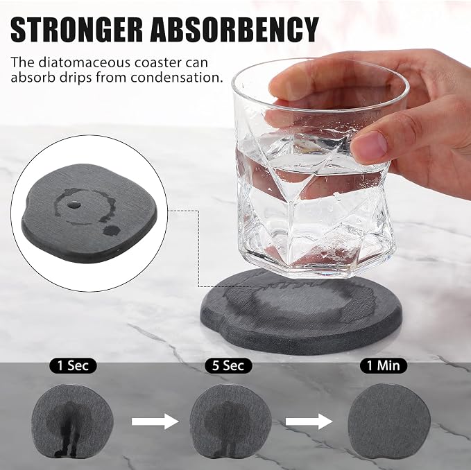 Diatomaceous Earth Coasters Set of 8，Cool Absorbent Quick-Dry Drink Coasters for Desks, Cute Modern Stone Design with Stylish Grey Aesthetic (8, Grey)