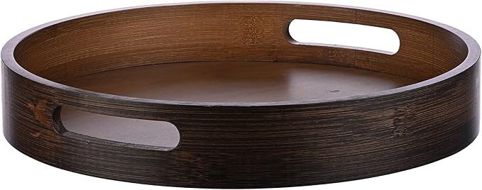 Round Trays Home Decor, 11.8" Large Round Wood Tray for Ottoman Coffee Table Trays, Wooden Kitchen Serving Decorative Trays for Home Office Counter Serveware Organizer, Walnut