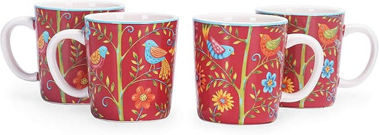 Bico Red Spring Birds Ceramic Coffee Mugs Set of 4, 18 oz Large Tea Cups with Handle, Aesthetic Latte Mugs for Cappuccino Cocoa, Lead-Free, Dishwasher and Microwave Safe, Housewarming Gift