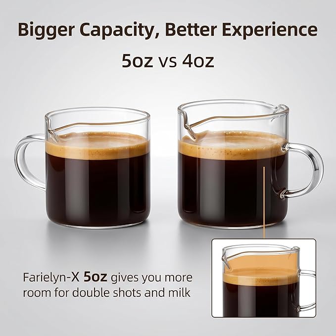 5 OZ Espresso Cups Set of 2, Double Spouts Cups, Shot Glasses, Milk Cup with Handle, Clear Glass, Espresso Accessories for Making Coffee Desserts Salad Dressing Machine (1 ounce more than others )