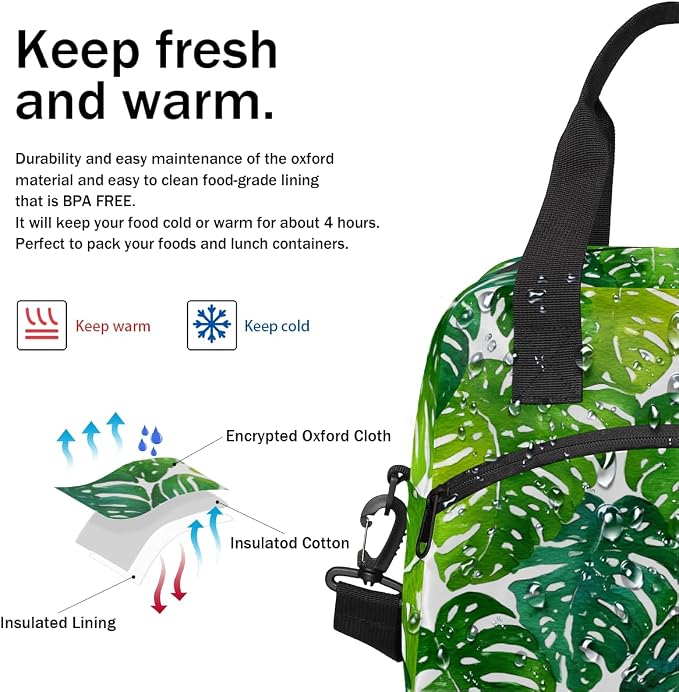 Green Palm Leaves Insulated Lunch Bag for Women Men Reusable Lunch Box Cooler Bag Large Leakproof Lunch Tote with Adjustable Shoulder Strap for Adult Work Picnic Camping Beach Office