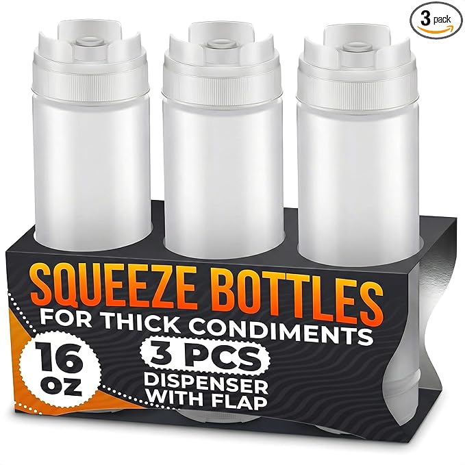 Set of 3 Inverted Condiment Squeeze Bottles 16 oz – Leakproof Clear Sauce Bottles Squeeze with Self-Closing Valve and Sealing Gaskets – Easy-Fill for Ketchup, Mustard, BBQ, Dressings | Kitchen Use