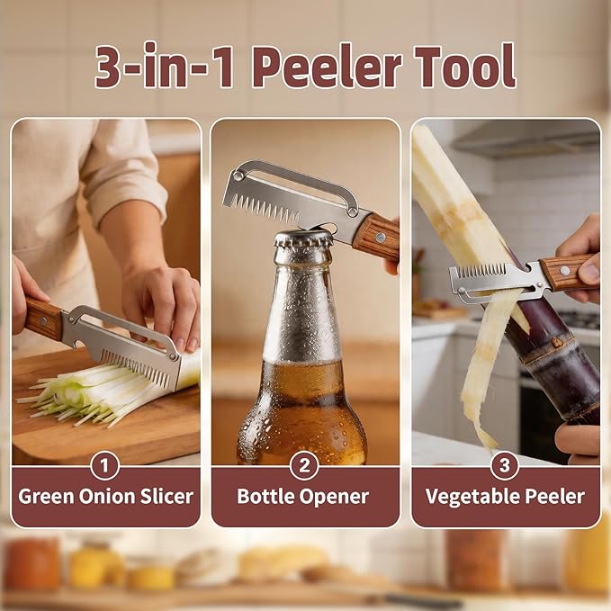 Multifunctional Vegetable Peeler, 3 in 1 Potato Peeler with Wooden Handle, Green Onion Slicer with Bottle Opener Kitchen Tool for Peeling Veggie Fruit Pineapple Pumpkin Papaya Carrrot(2 Pack)