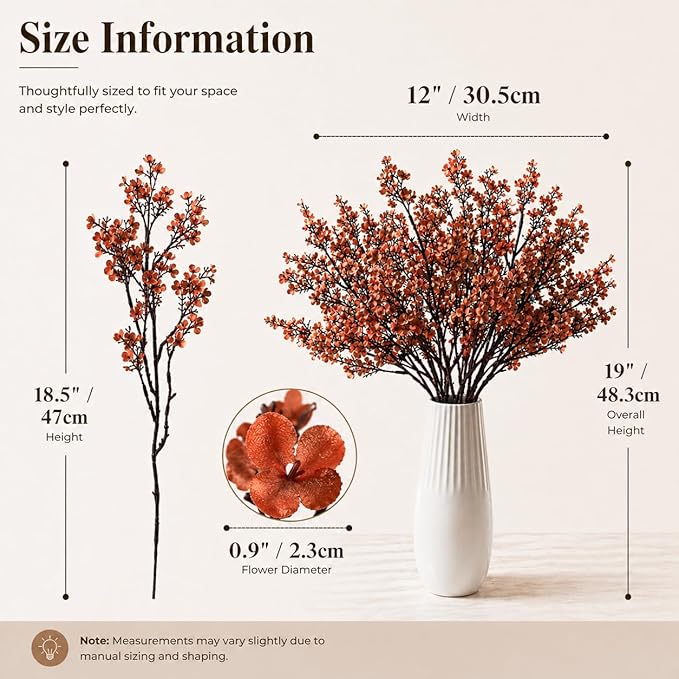 Mandy's Burnt Orange Artificial Baby’s Breath Flowers 6 Bundles Silk Gypsophila, 18.5 Inch European Style Modern Home Decor Centerpiece, Neutral Wedding Flower Arrangements