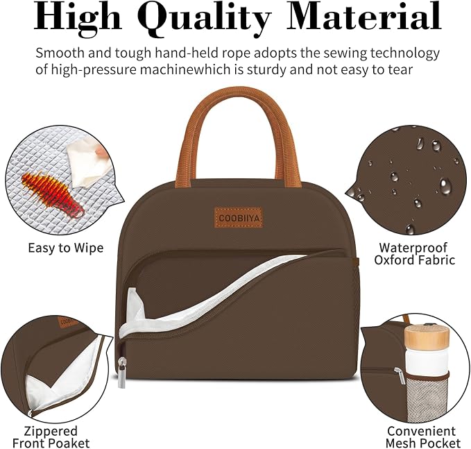 Coobiiya Lunch Bag Women, Lunch Box for Women Adult Men, Small Leakproof Cute Lunch Tote Large Capacity Reusable Insulated Cooler Lunch Container for Work/Office/Picnic/Travel-Brown