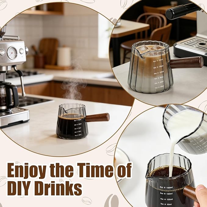 2Pcs Espresso Shot Glass, 6oz Espresso Cups with 2Pcs Coffee Measuring Spoon, Expresso Shot Cup with V-Shape Mouth, Milk Frothing Pitcher, Glass Measuring Cup Expresso Accessories (Grey)