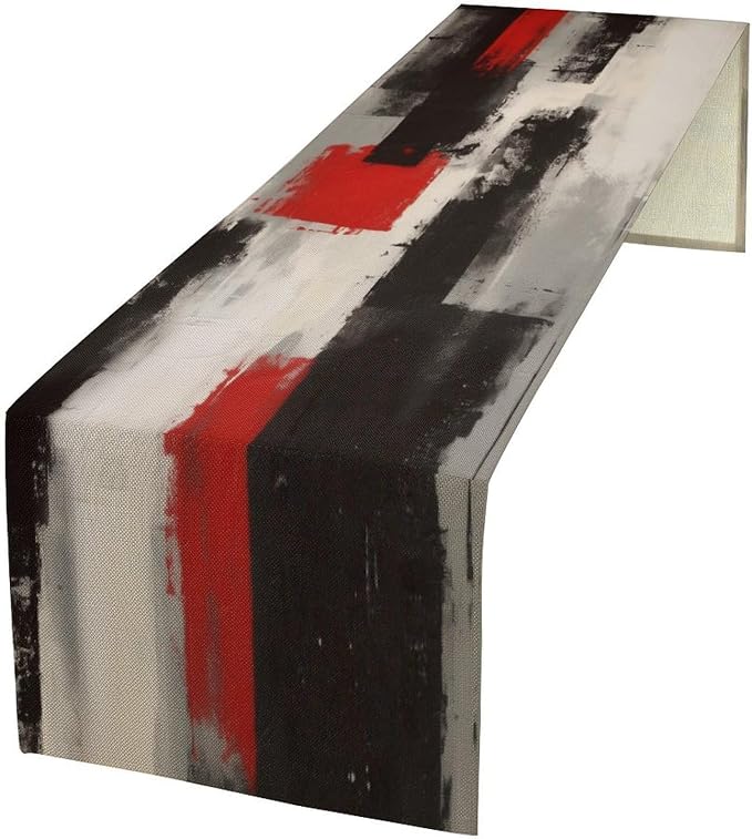 Abstract Red Grey Table Runner Vintage Black White Modern Art Burlap Table Dinner Runner for Farmhouse Cabin Coffee Kitchen Dining Holiday Party Home Decoration 13x36in