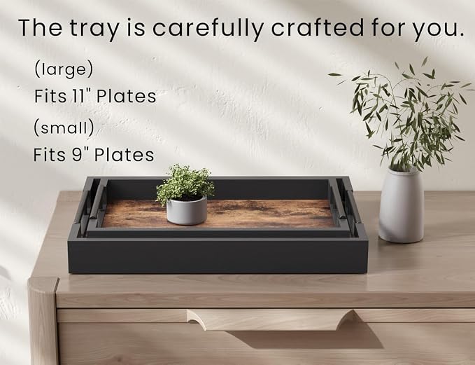 Fibogollo Wooden Set of 2 Serving Tray with Metal Handles,Ottoman Decorative Trays Platter for Coffee Table,Living Room,Bar,Party