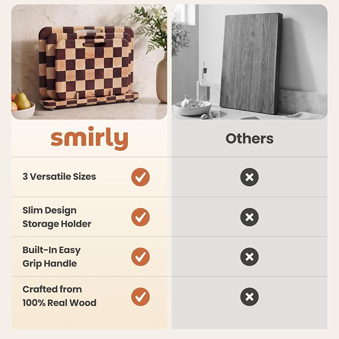 SMIRLY Wooden Cutting Boards for Kitchen, Double-Sided Cutting Board with Handle, Heavy Duty Solid Rubber Wood Cutting Board Set with Stand, 3 Pcs Cutting Boards Non Toxic for Meat Vegetable Fruit