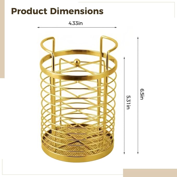 Rotating Kitchen Utensil Holder, Golden Stainless Steel Mesh Cutlery Drainer, Organizer with Dividers, Countertop Storage Basket