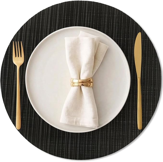 AHHFSMEI Round Placemats Set of 6 Woven Vinyl Non-Slip Heat Resistant Stain Resistant Easy Clean Place mats for Dining Table(Black)
