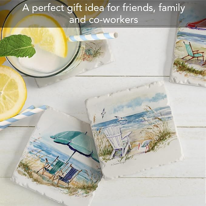 Thirstystone Coastal Moments 4 Pack Assorted Tumbled Tile Stone Coasters with Protective Cork Backing Manufactured in The USA Absorbent Easily Wipes Clean