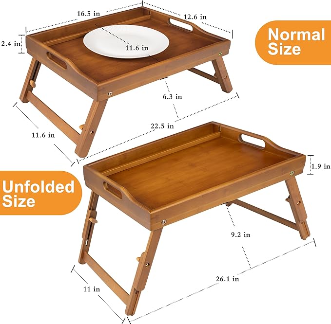 Greenual 2 Pack Bed Tray Table with Handles Folding Legs, Bamboo Breakfast Food Tray with Media Slot, Use As Platter, Laptop Desk, Snack, TV Tray Kitchen Serving Tray(Brown)