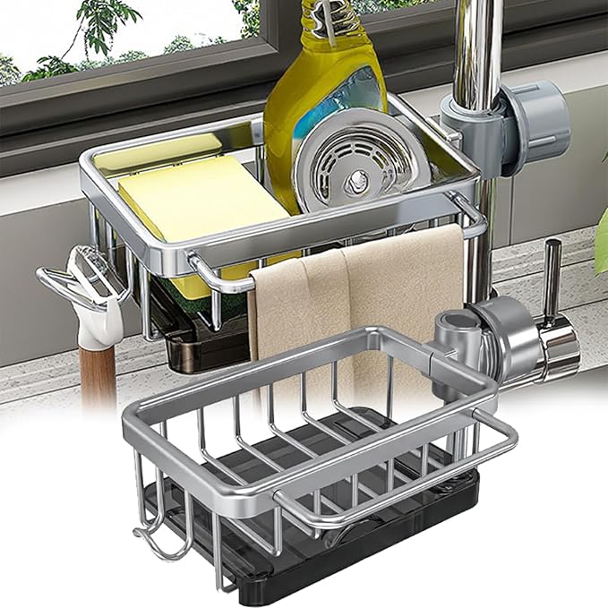 Kitchen Sink Faucet Organizer, Kitchen Sink Organizer Over Faucet, Over Sink Dish Drying Rack, Sponge Holder for Kitchen Sink, for 0.7-1.1 inch Round Water Pipe (Silver, Left Mount)